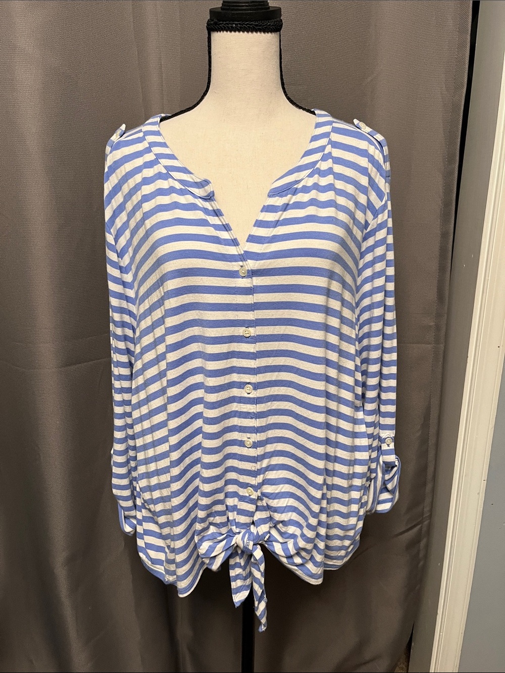 Chico's Blue and White Striped Button-Tie Top